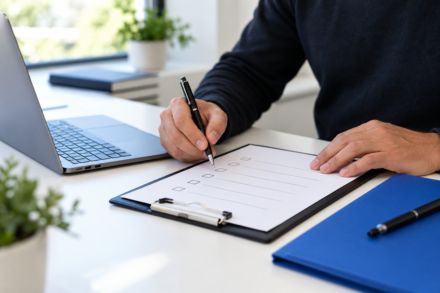 Hands reviewing an enrollment checklist beside a laptop and royal-blue folder