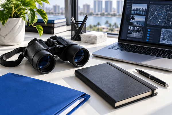 Binoculars, notebook and laptop arranged for investigative research Binoculars, notebook and laptop arranged for investigative research